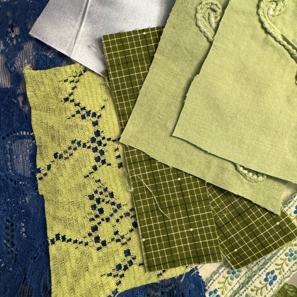 Hand Slow Stitch Blue Green 50+ Upcycled Fabric Lace Button Junk Journal Kit VTG - Picture 6 of 7